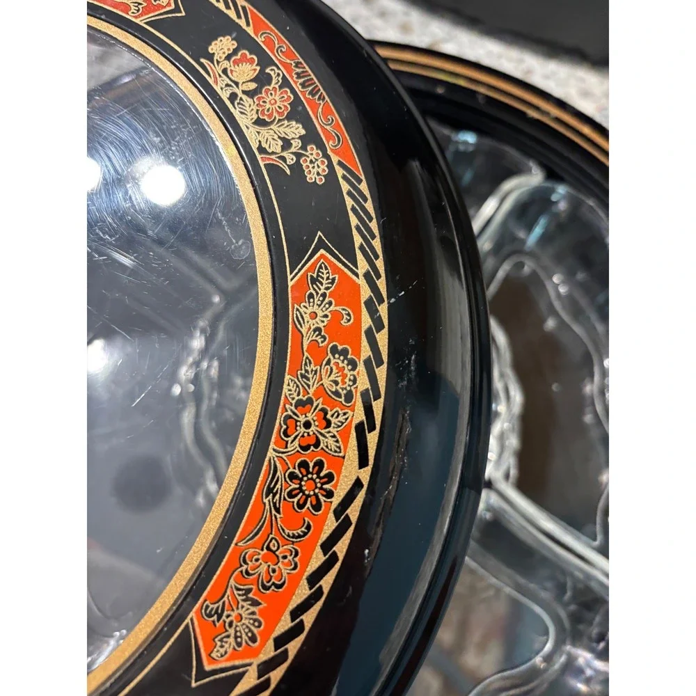 Vtg Lacquerware Black Round‎ Serving Platter Divided Compartments Japan Decor